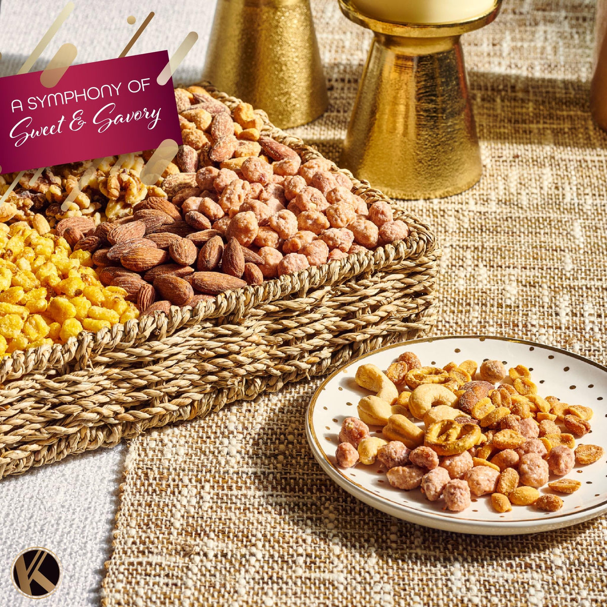 Nut Cravings KREMERY Mother's Day Treats Gift Basket — 9 Gourmet Nuts & Pretzels in Seagrass Tray, Kosher