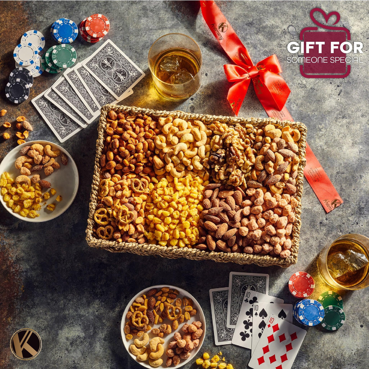 Nut Cravings KREMERY Mother's Day Treats Gift Basket — 9 Gourmet Nuts & Pretzels in Seagrass Tray, Kosher