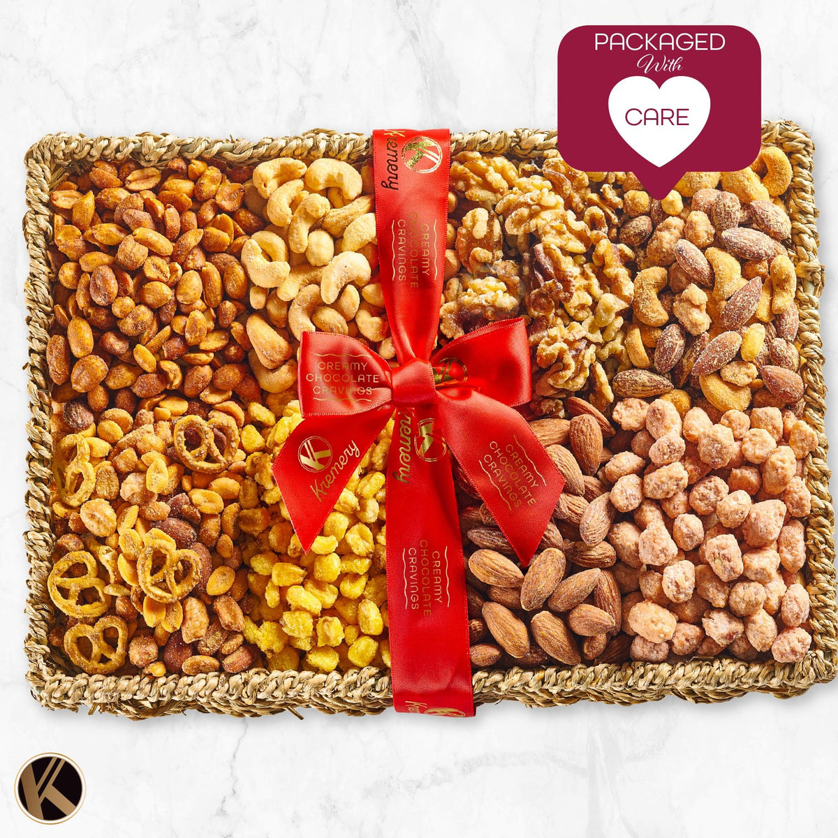 Nut Cravings KREMERY Mother's Day Treats Gift Basket — 9 Gourmet Nuts & Pretzels in Seagrass Tray, Kosher