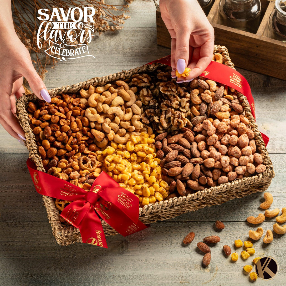 Nut Cravings KREMERY Mother's Day Treats Gift Basket — 9 Gourmet Nuts & Pretzels in Seagrass Tray, Kosher