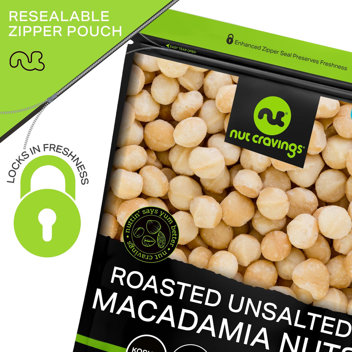 Nut Cravings Roasted Macadamia Nuts - No Shell, 32oz (2 lb) Bulk in Resealable Bag