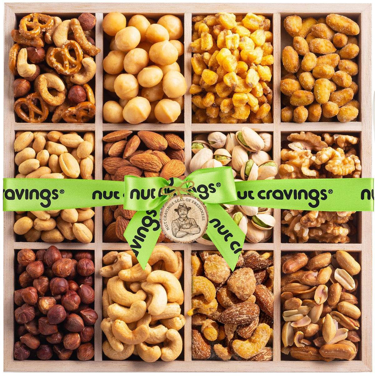 Nut Cravings Mother's Day Mixed Nuts Gift Basket — Reusable Wood Tray, Green Ribbon, 12 Assortments | Kosher
