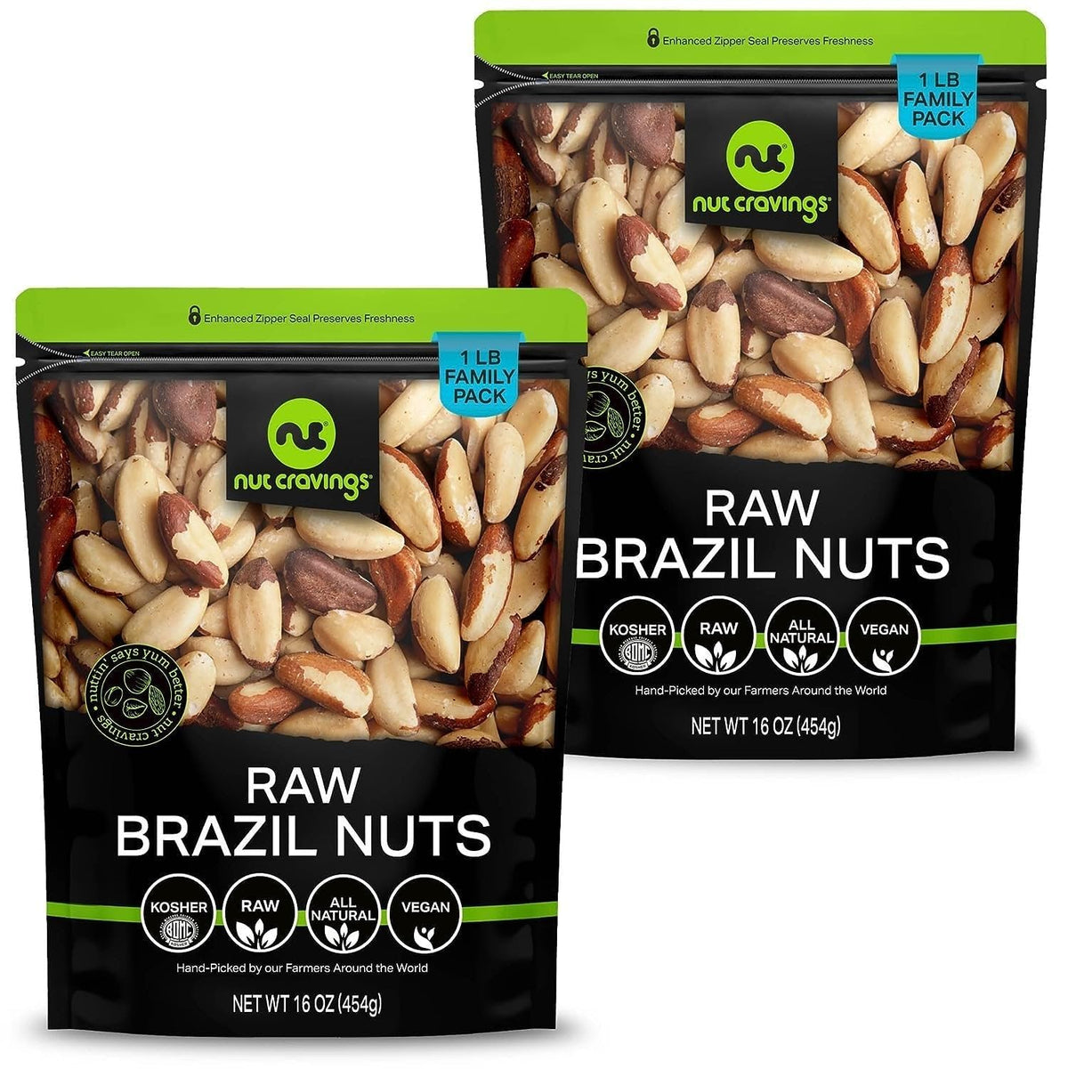 Nut Cravings Raw Brazil Nuts – Unsalted, Whole, 16oz Two-Pack, Resealable Bag