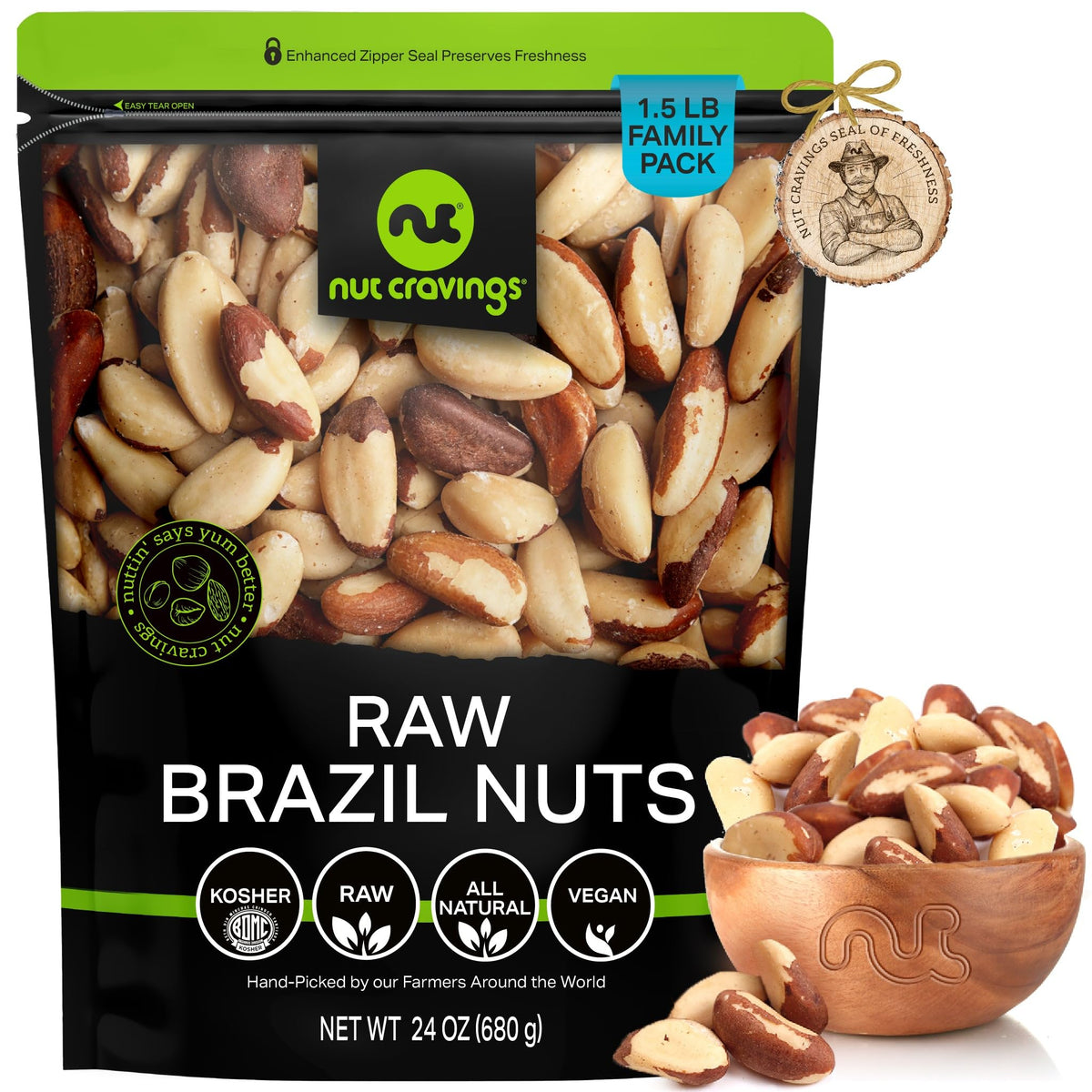 Nut Cravings Raw Brazil Nuts - Unsalted, No Shell, 24oz (1.5 lb) Resealable Bag | Kosher