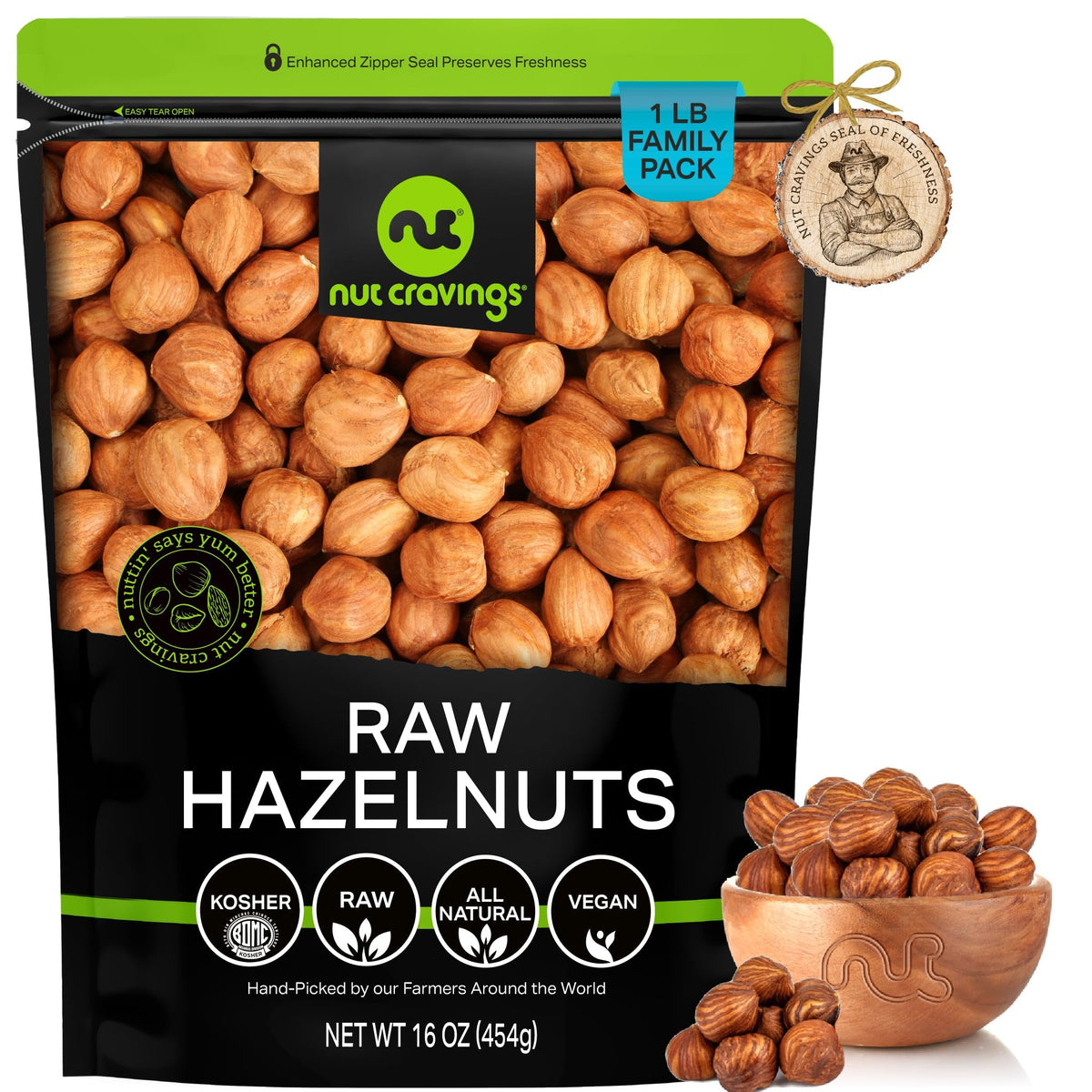 Nut Cravings Raw Hazelnuts Filberts with Skin, Unsalted & Shelled, 16 oz, Resealable Bag