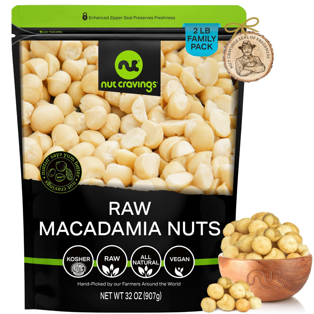 Nut Cravings Raw Macadamia Nuts – Unsalted & Shelled (32oz Bulk, 2 lb) | Kosher