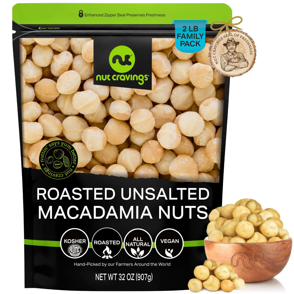 Nut Cravings Roasted Macadamia Nuts - No Shell, 32oz (2 lb) Bulk in Resealable Bag