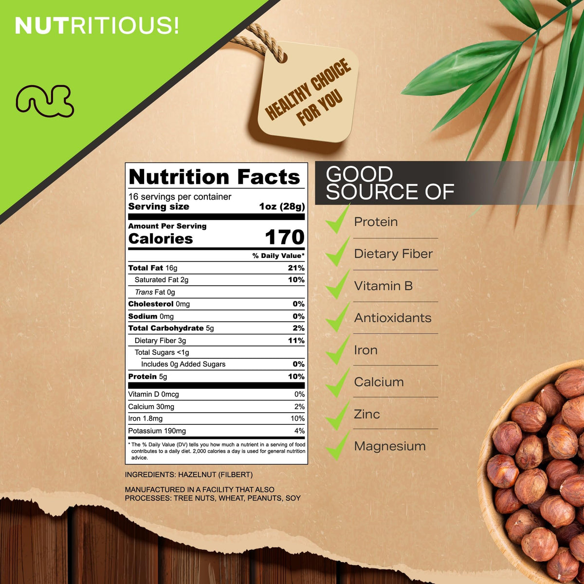 Nut Cravings Raw Hazelnuts Filberts with Skin, Unsalted & Shelled, 16 oz, Resealable Bag