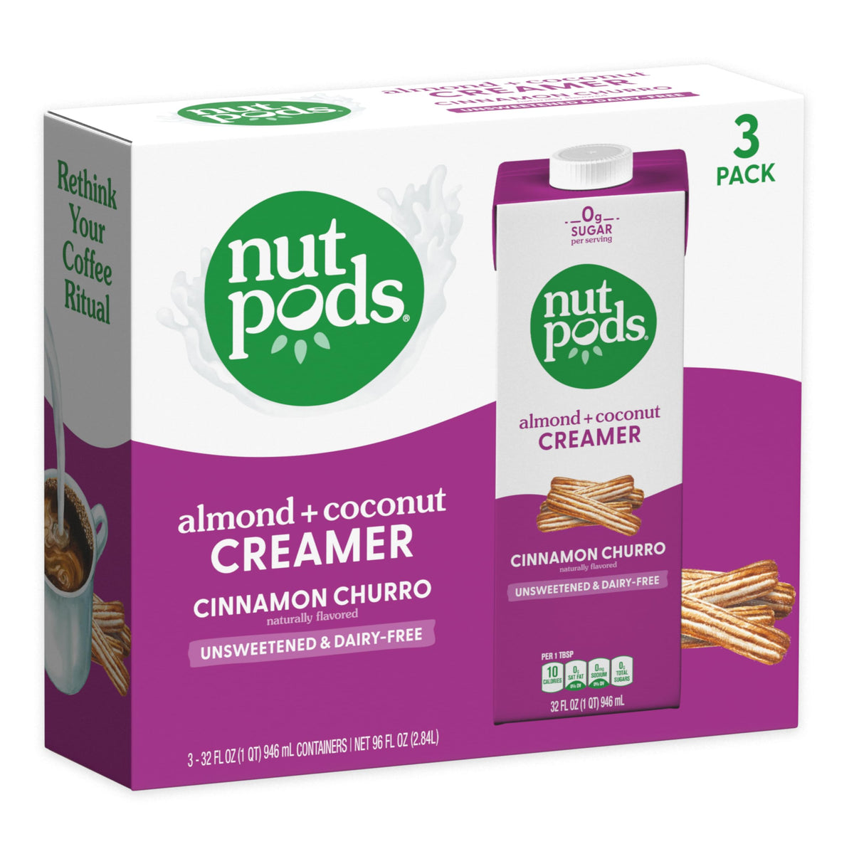 nutpods Unsweetened Cinnamon Churro Dairy-Free Coffee Creamer - 32oz 3-Pack