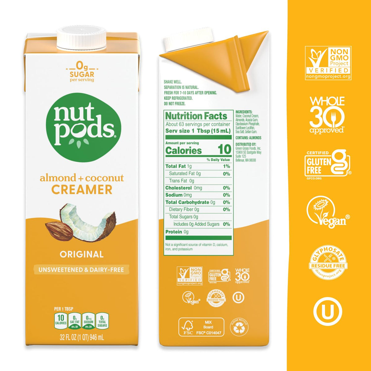nutpods Original Unsweetened Dairy-Free Coffee Creamer – 32oz (3-Pack)