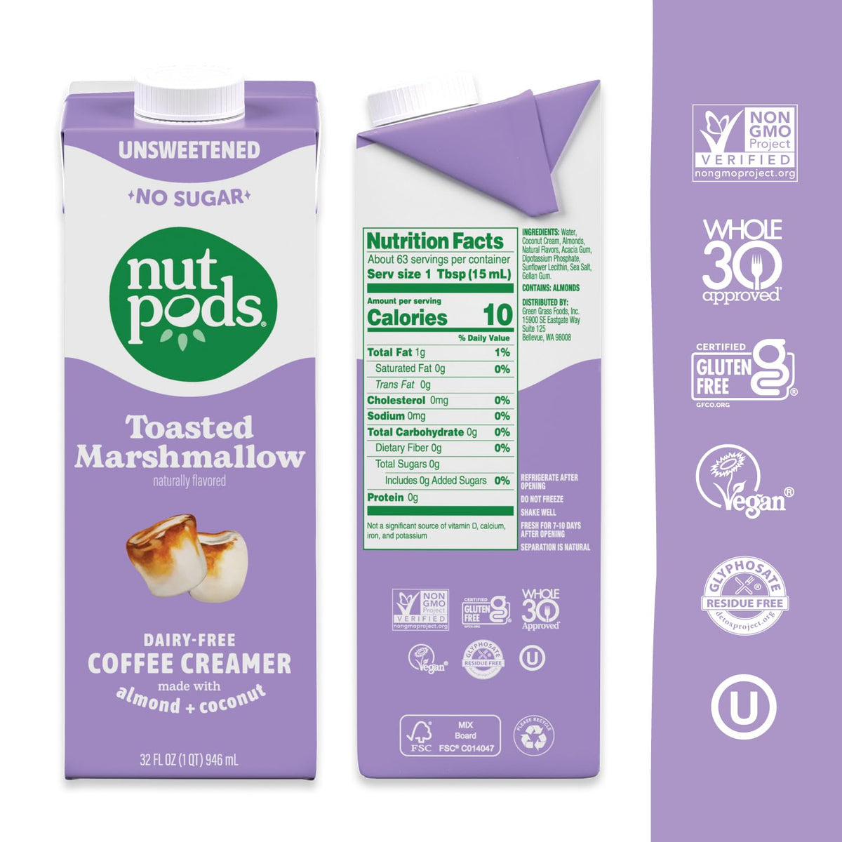 nutpods Unsweetened Toasted Marshmallow Dairy-Free Coffee Creamer – 32oz 3-Pack
