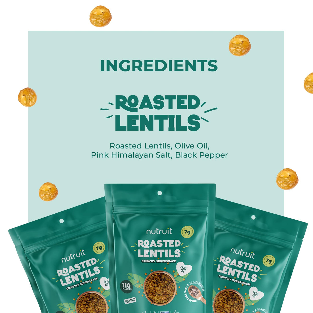 Nutruit Roasted Lentil Snacks — 8-Pack Box, Gluten-Free, High-Protein 7g, 110 Cal per Serving