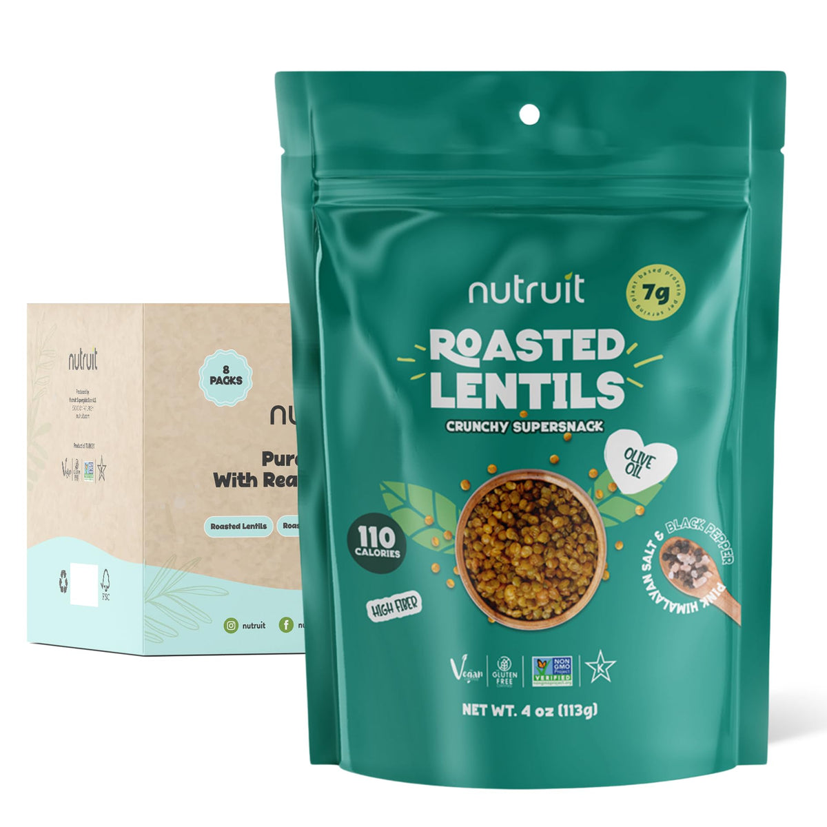 Nutruit Roasted Lentil Snacks — 8-Pack Box, Gluten-Free, High-Protein 7g, 110 Cal per Serving
