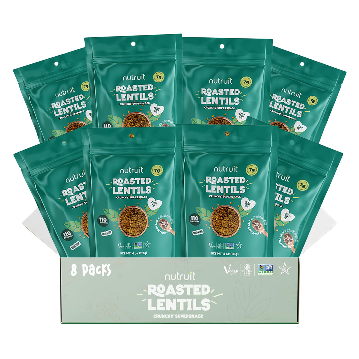 Nutruit Roasted Lentil Snacks — 8-Pack Box, Gluten-Free, High-Protein 7g, 110 Cal per Serving
