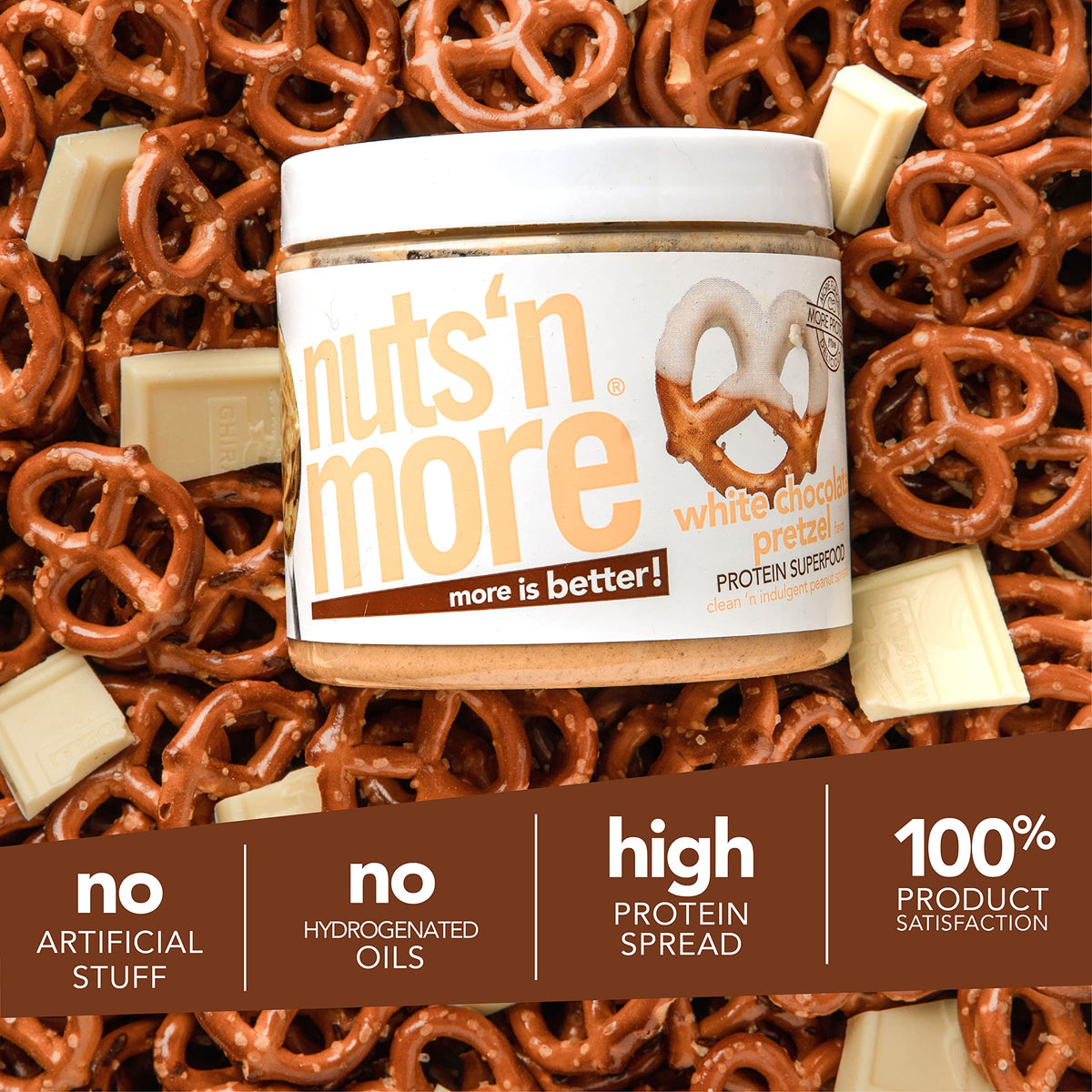 Nuts N More White Chocolate Pretzel Peanut Butter Spread - High Protein, Low Carb, Low Sugar, Gluten Free (15oz Jar)