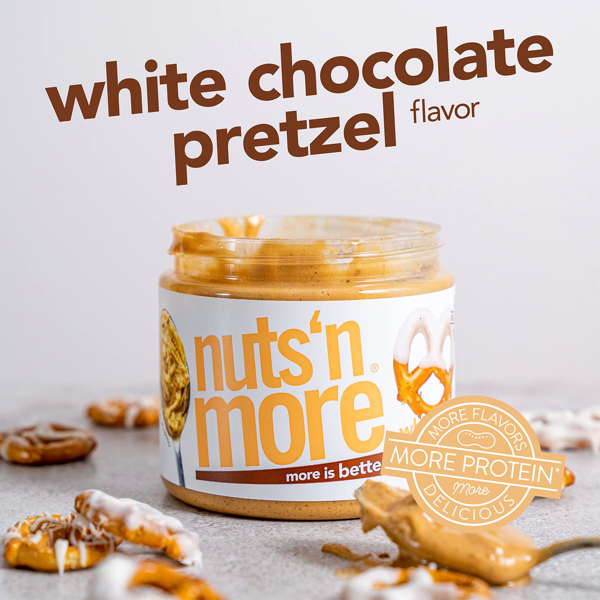 Nuts N More White Chocolate Pretzel Peanut Butter Spread - High Protein, Low Carb, Low Sugar, Gluten Free (15oz Jar)