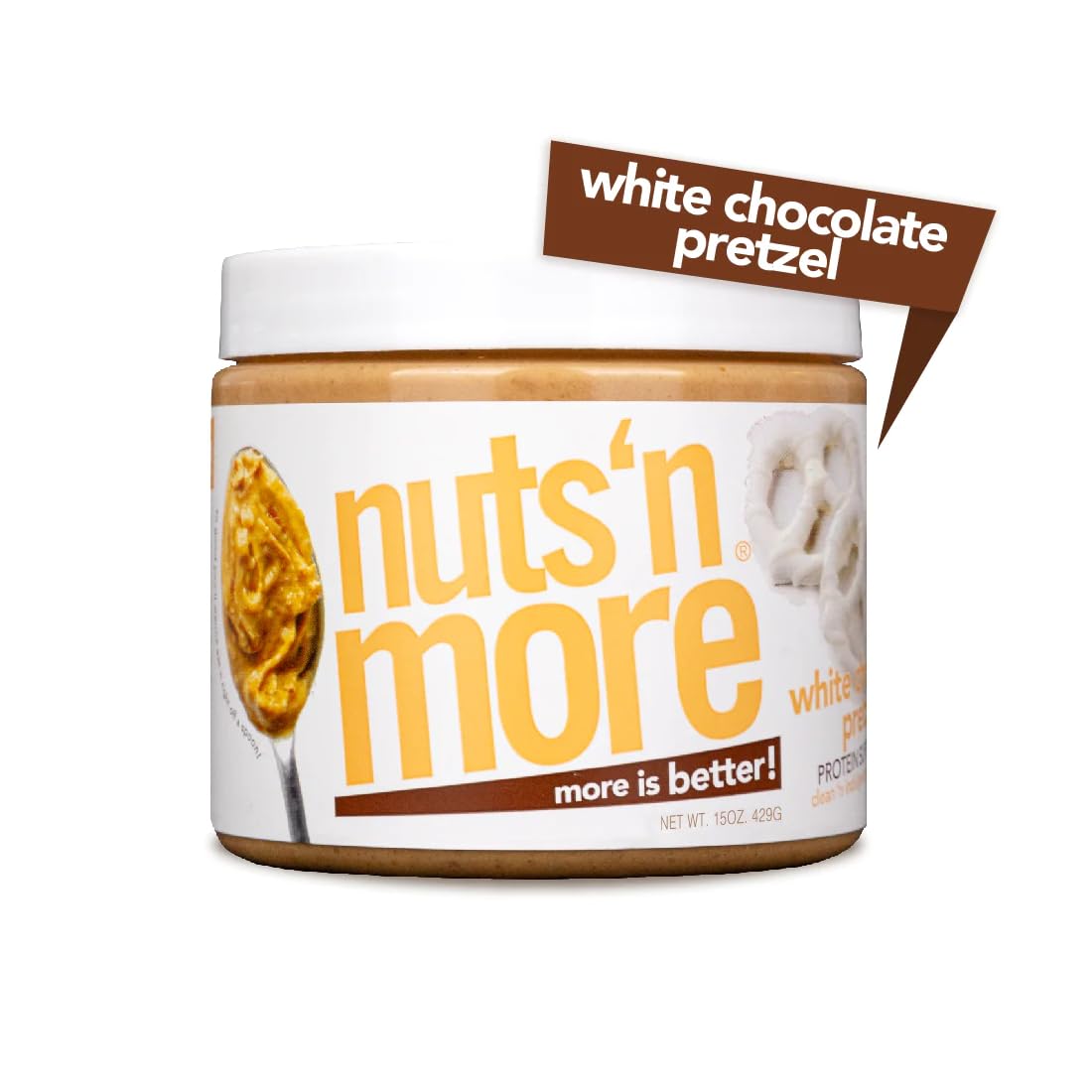 Nuts N More White Chocolate Pretzel Peanut Butter Spread - High Protein, Low Carb, Low Sugar, Gluten Free (15oz Jar)