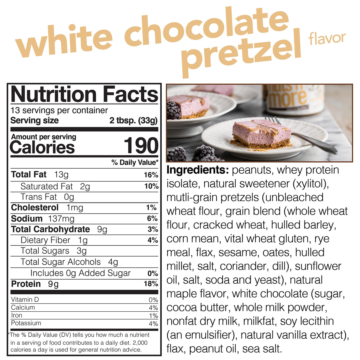 Nuts N More White Chocolate Pretzel Peanut Butter Spread - High Protein, Low Carb, Low Sugar, Gluten Free (15oz Jar)