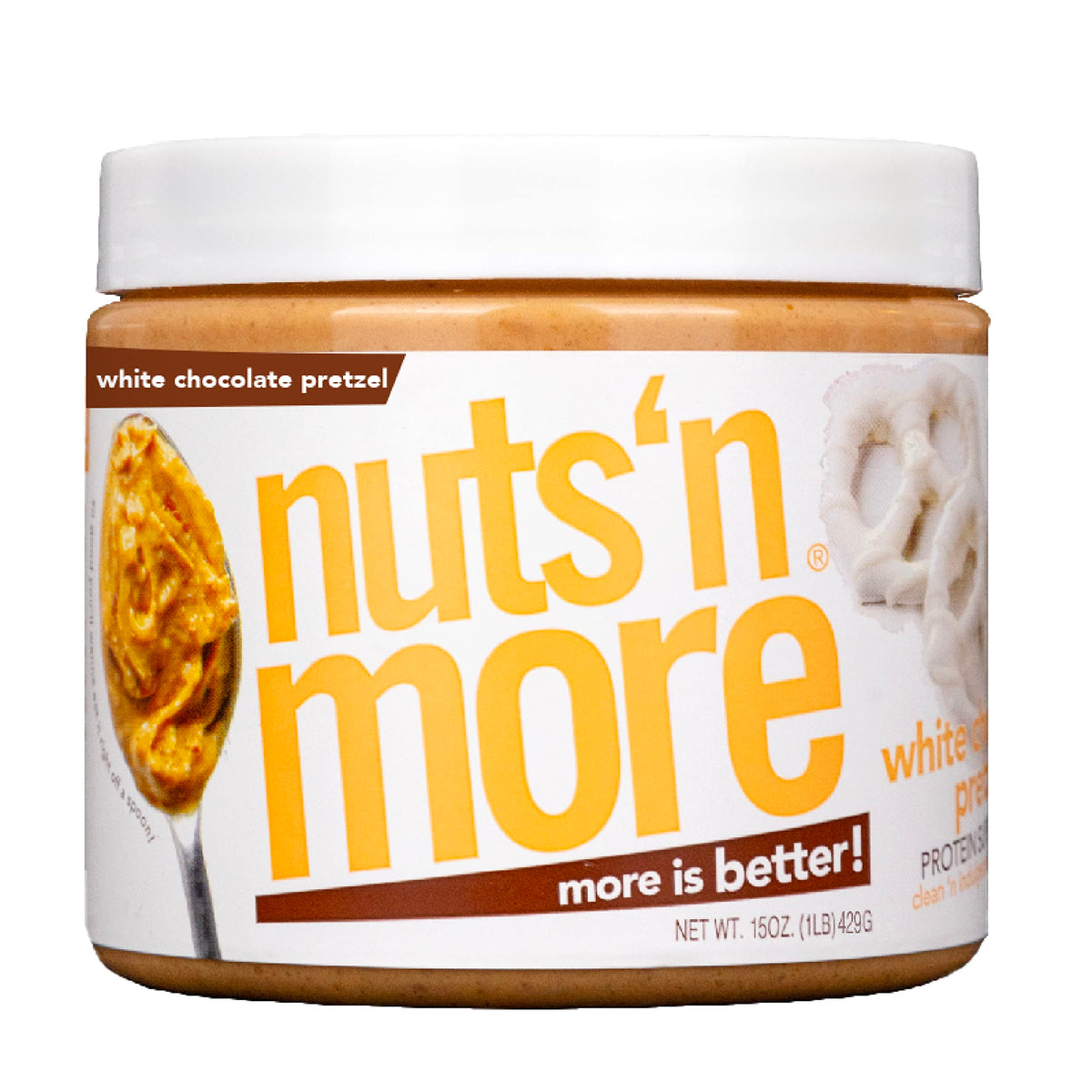 Nuts N More White Chocolate Pretzel Peanut Butter Spread - High Protein, Low Carb, Low Sugar, Gluten Free (15oz Jar)