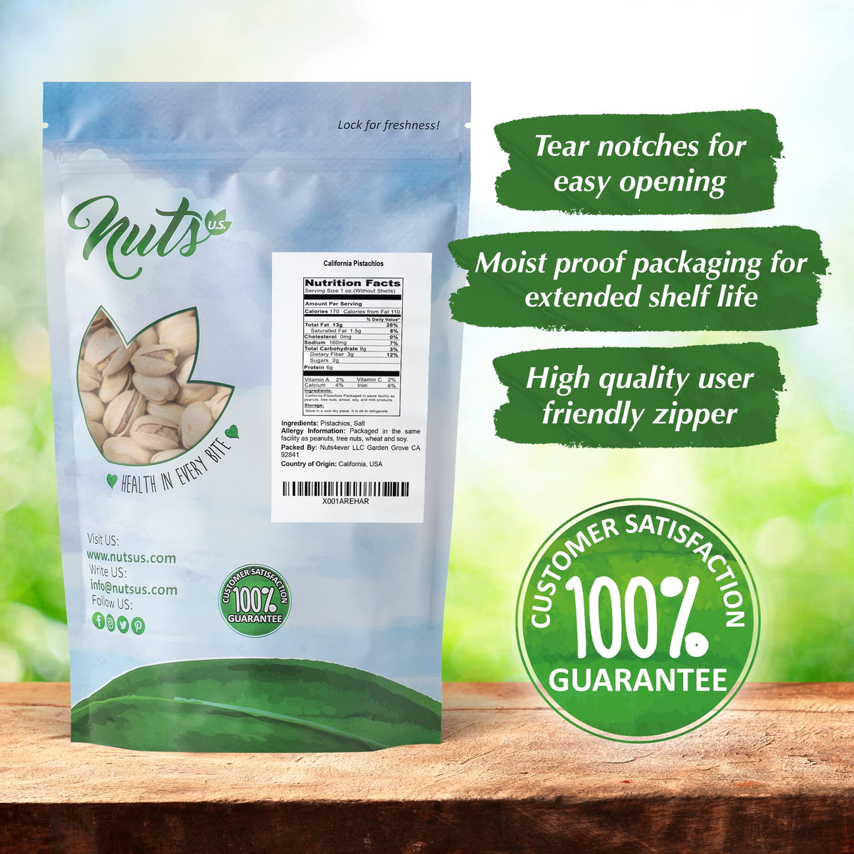 NUTS U.S. California Pistachios – Roasted & Salted, No Wax, NON-GMO, Resealable 3 LBS