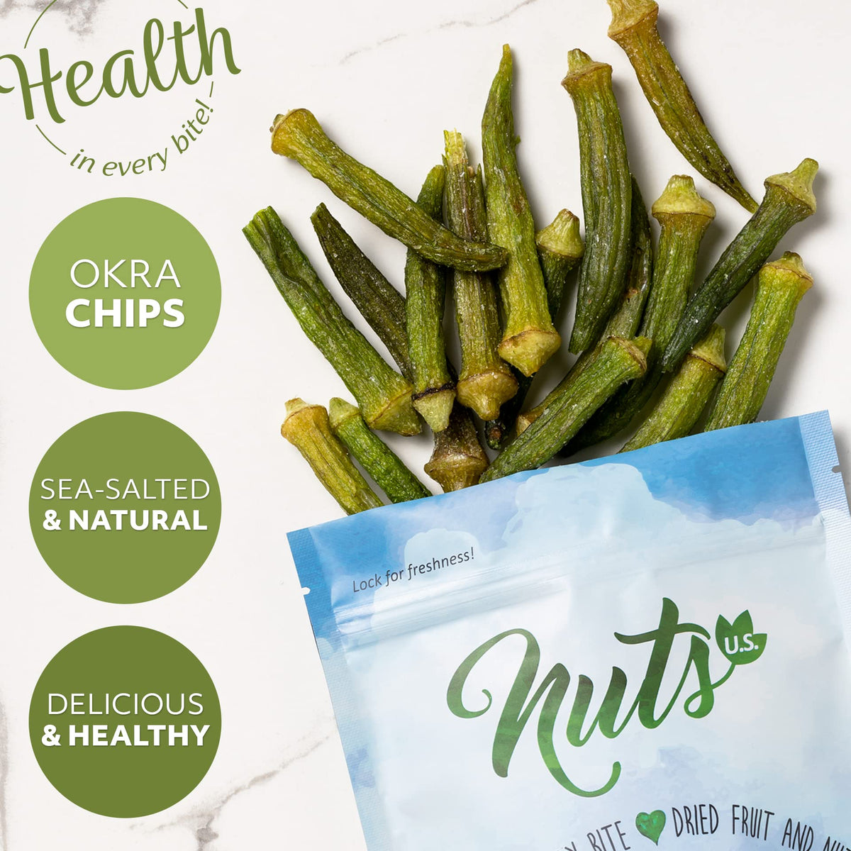 NUTS U.S. Okra Chips – Sea-Salted, No Color Added, No Sugar Added | 2 LBS Bulk Snack
