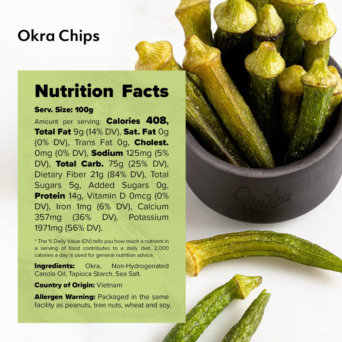 NUTS U.S. Okra Chips – Sea-Salted, No Color Added, No Sugar Added | 2 LBS Bulk Snack