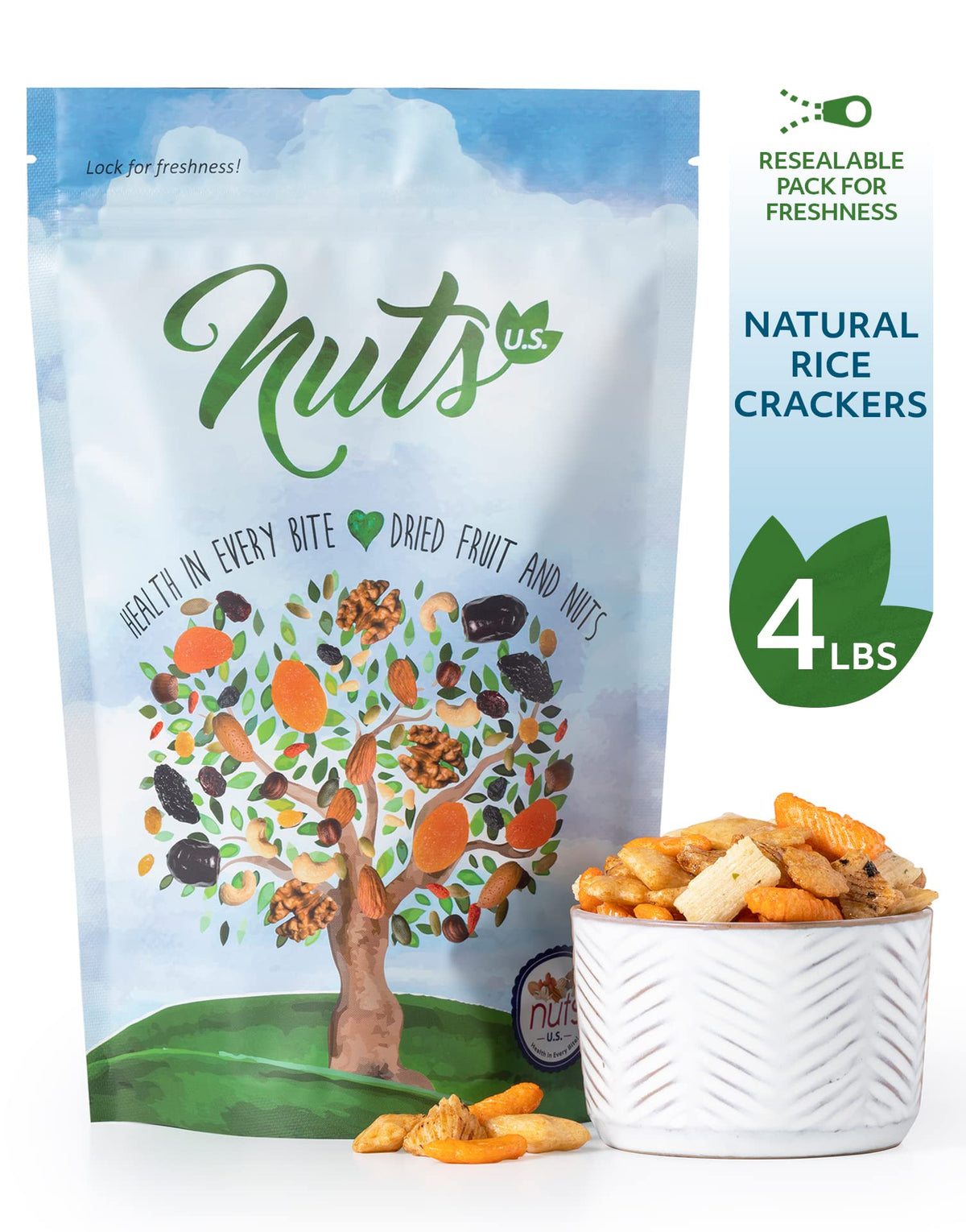 NUTS U.S. Oriental Rice Crackers – No Artificial Colors, Crunchy & Natural, Resealable Bag (4 LBS)
