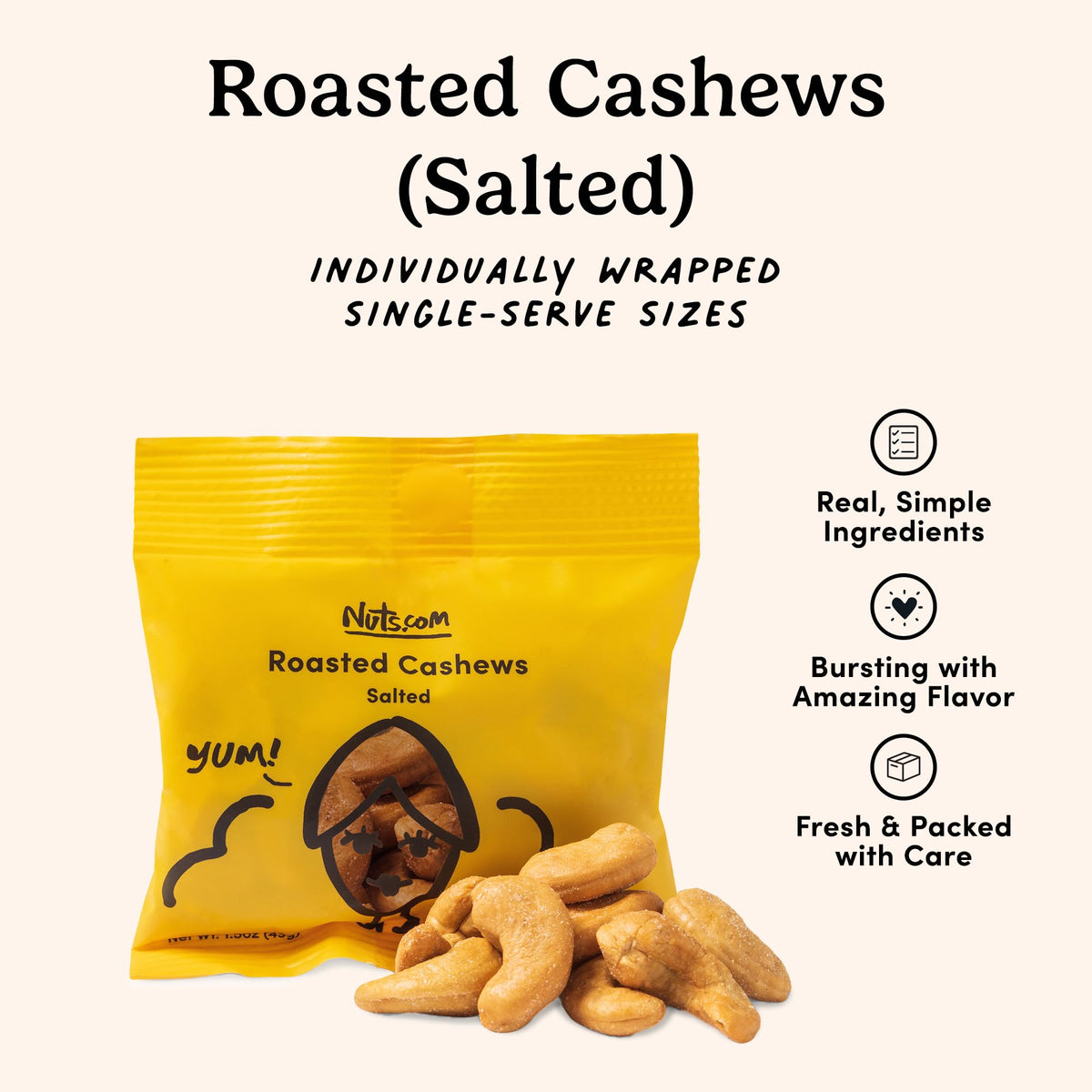 Nuts.com Roasted Salted Cashews – Single-Serve Pack, Protein & Fiber Rich Snack (24 Pack)