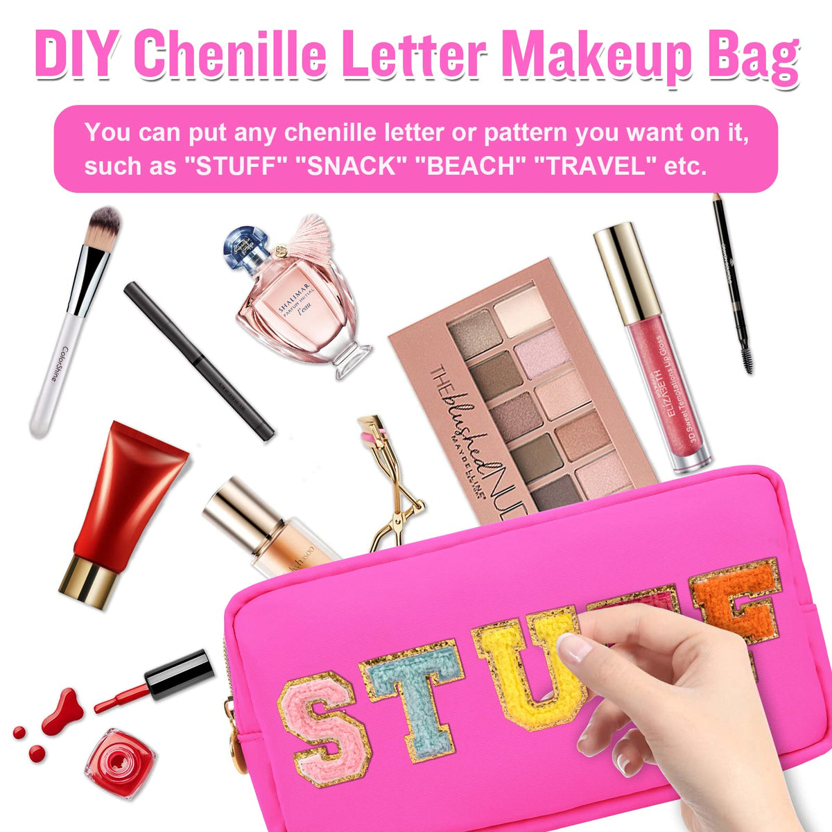 Nylon Small Makeup Bag for Purse, Cute Preppy Makeup Bag Cosmetic Zipper Pouch Purse, Waterproof Portable Travel Toiletry Bag Clutch Makeup Brush Bag Organizer Storage for Women Men Girls(Hot Pink)