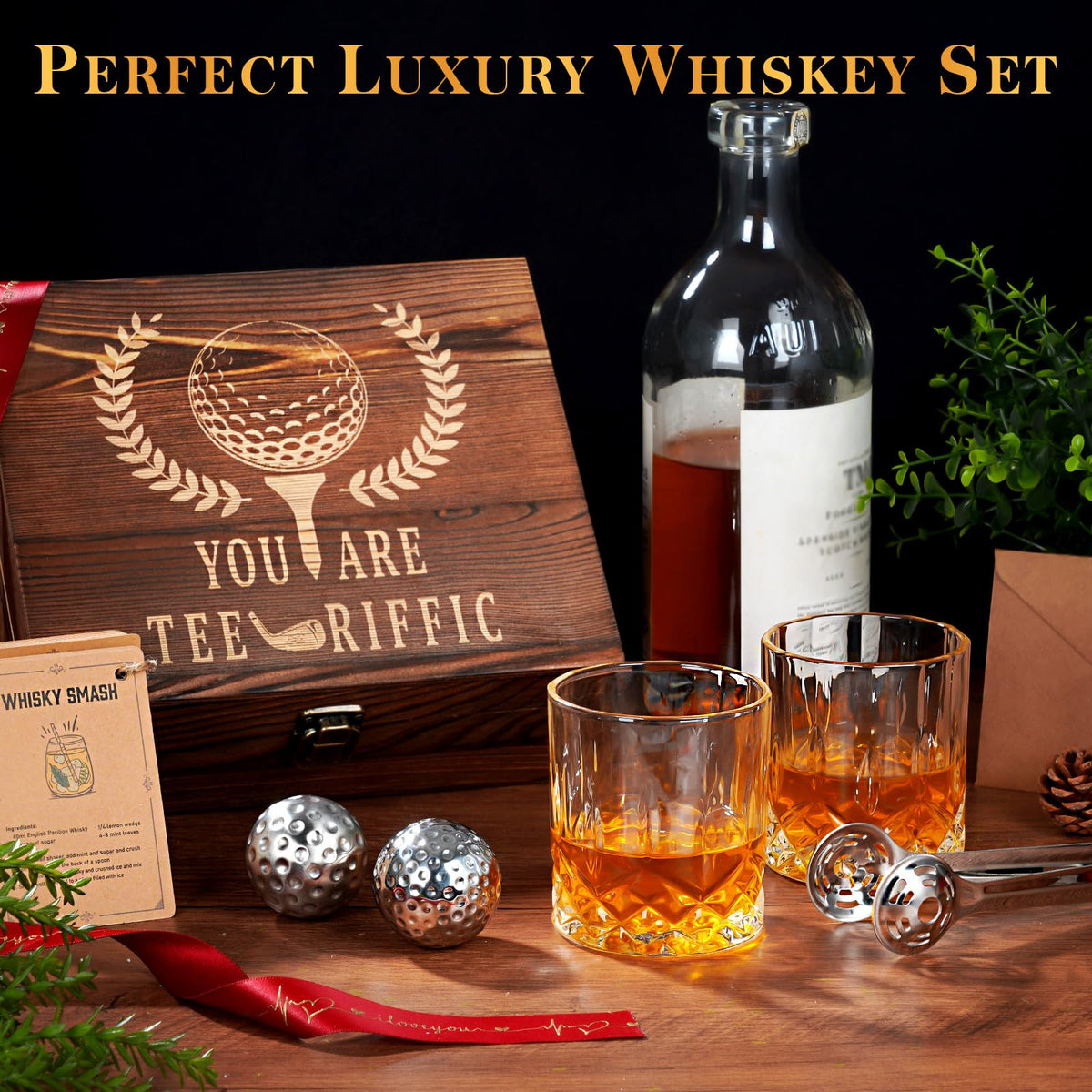 Oaksea Golf Ball Whiskey Stones Gift Set for Men – Engraved Box & Cocktail Cards