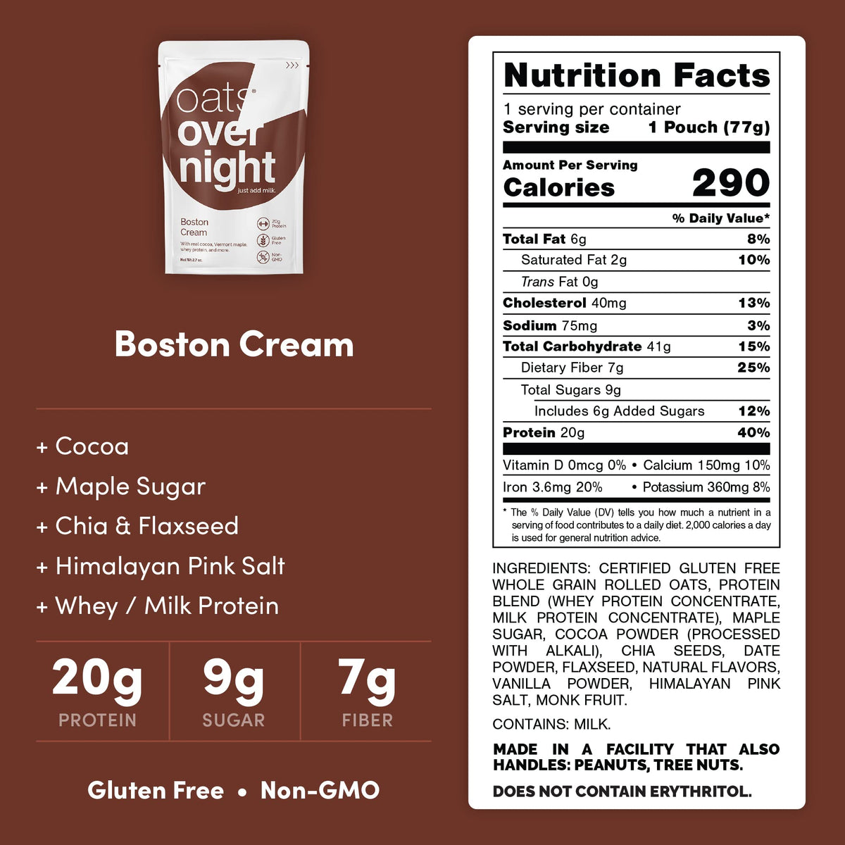 Oats Overnight Boston Cream – 20g Protein, 6g Fiber, Gluten Free Overnight Oats (2.7 oz per meal) (8 Pack)