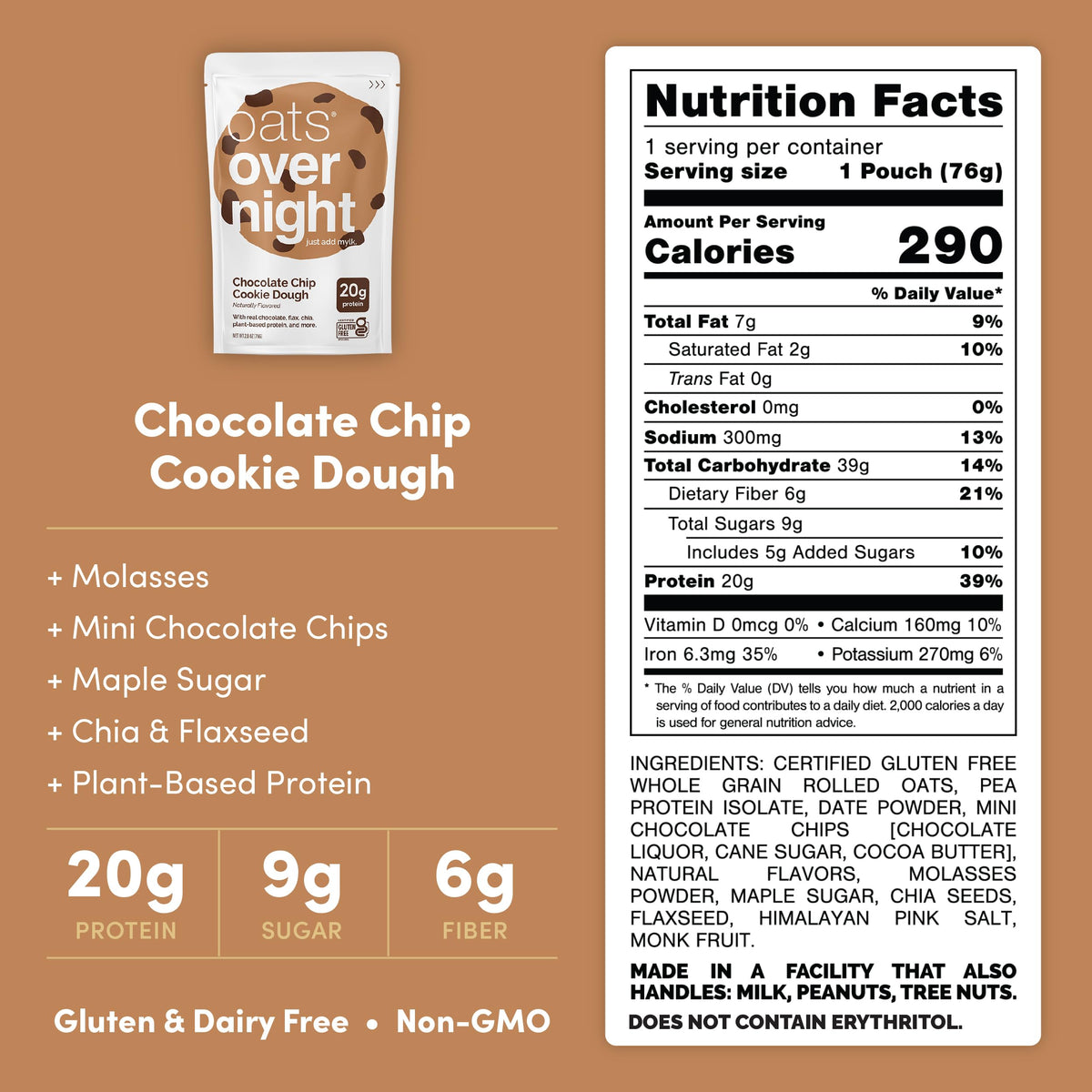Oats Overnight Chocolate Chip Cookie Dough – Vegan 20g Protein Breakfast Shake (Gluten Free, 2.6 oz per meal) – 16 Pack