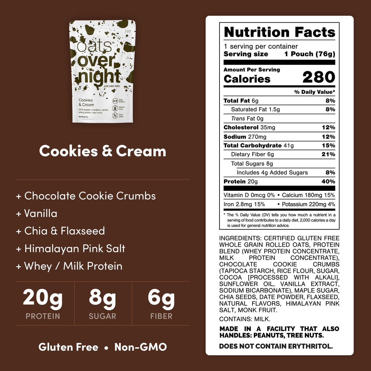 Oats Overnight Cookies & Cream – 20g Protein Overnight Oats (8 Pack), Gluten Free