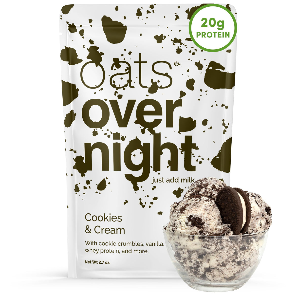Oats Overnight Cookies & Cream – 20g Protein Overnight Oats (8 Pack), Gluten Free