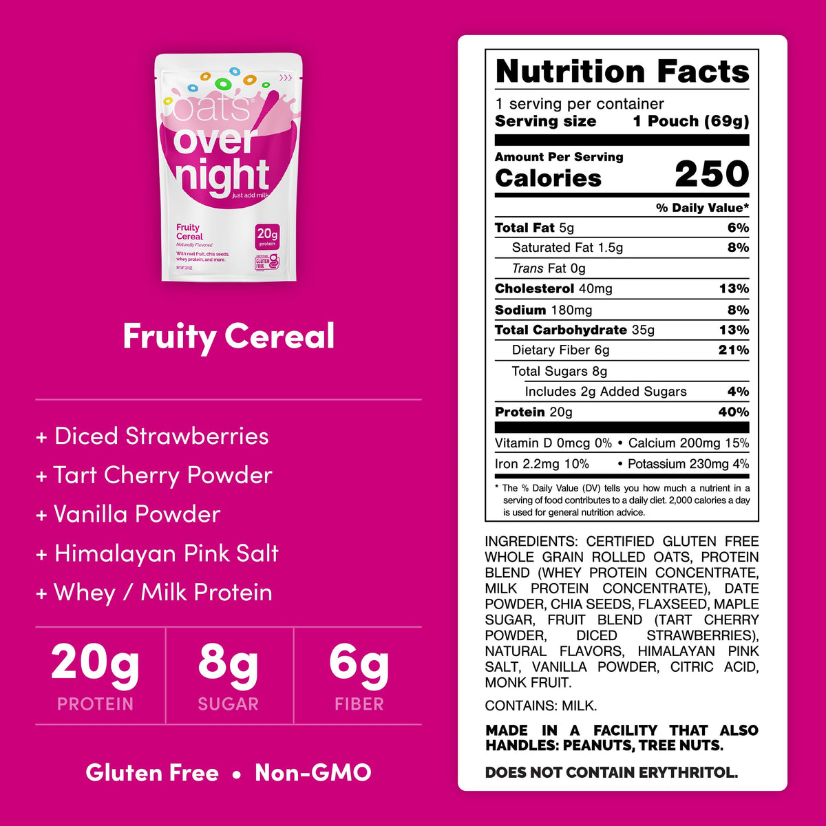 Oats Overnight Fruity Cereal – 20g Protein Overnight Oats, Gluten Free, Non-GMO (8 Pack)