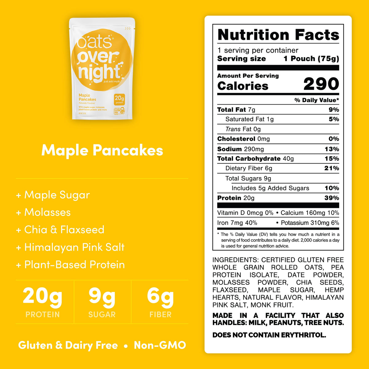 Oats Overnight Maple Pancakes – Vegan 20g Protein, High Fiber Breakfast Shake (Gluten Free, Non-GMO) – 8 Pack