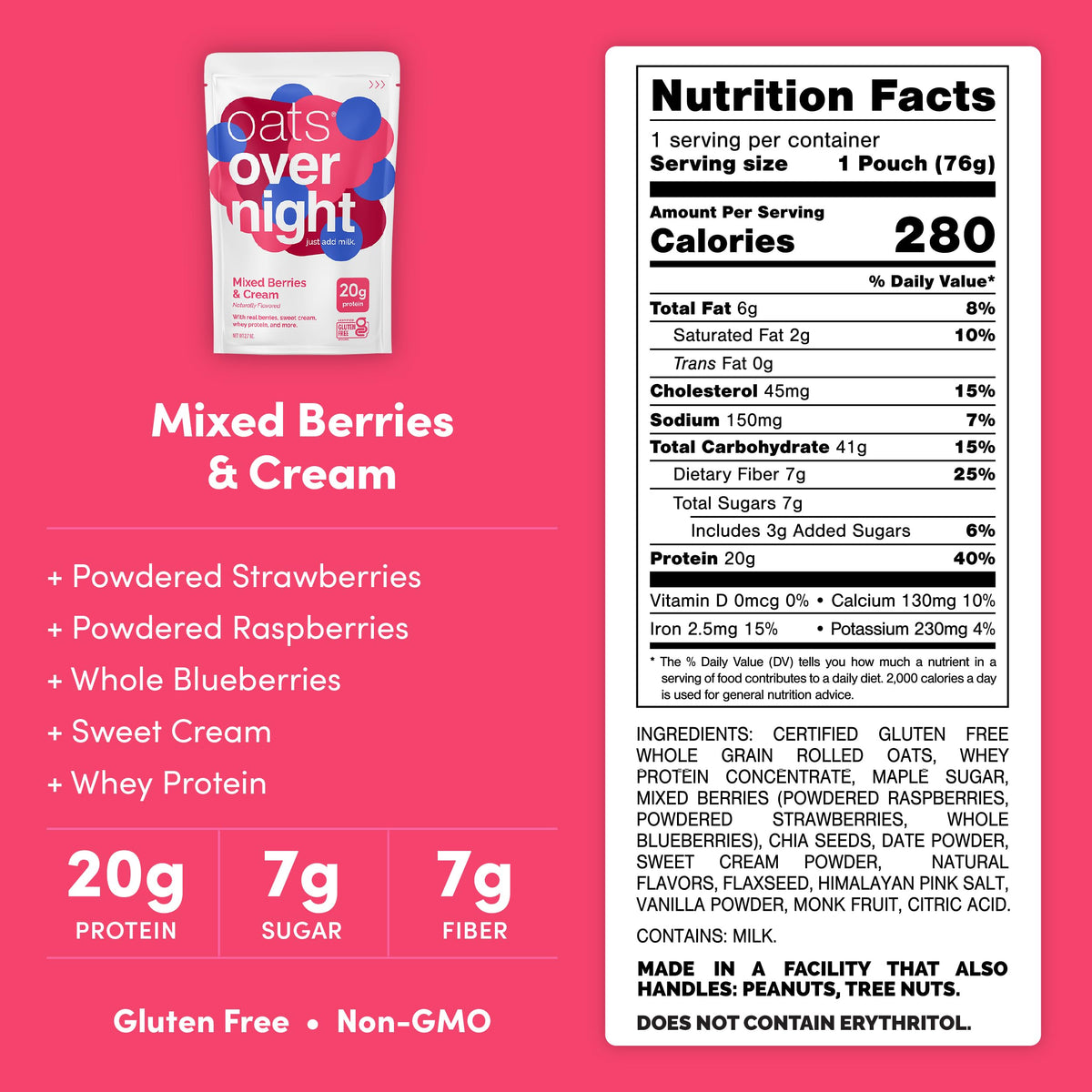 Oats Overnight Mixed Berries & Cream – 20g Protein, High Fiber, Gluten Free Overnight Oats (8 Pack)