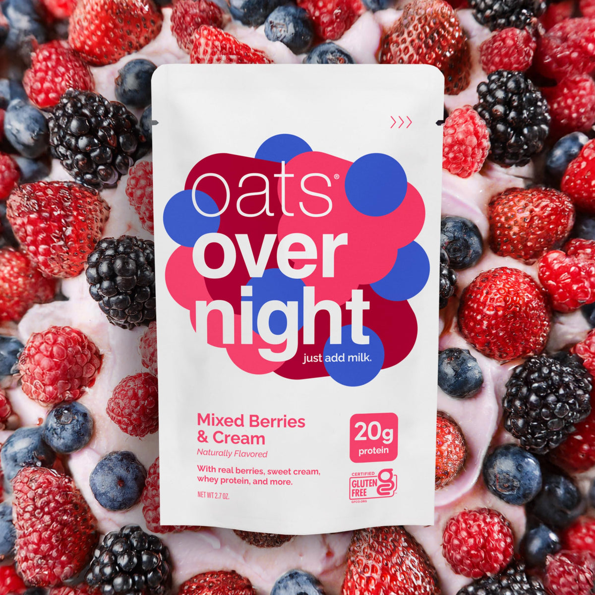 Oats Overnight Mixed Berries & Cream – 20g Protein, High Fiber, Gluten Free Overnight Oats (8 Pack)