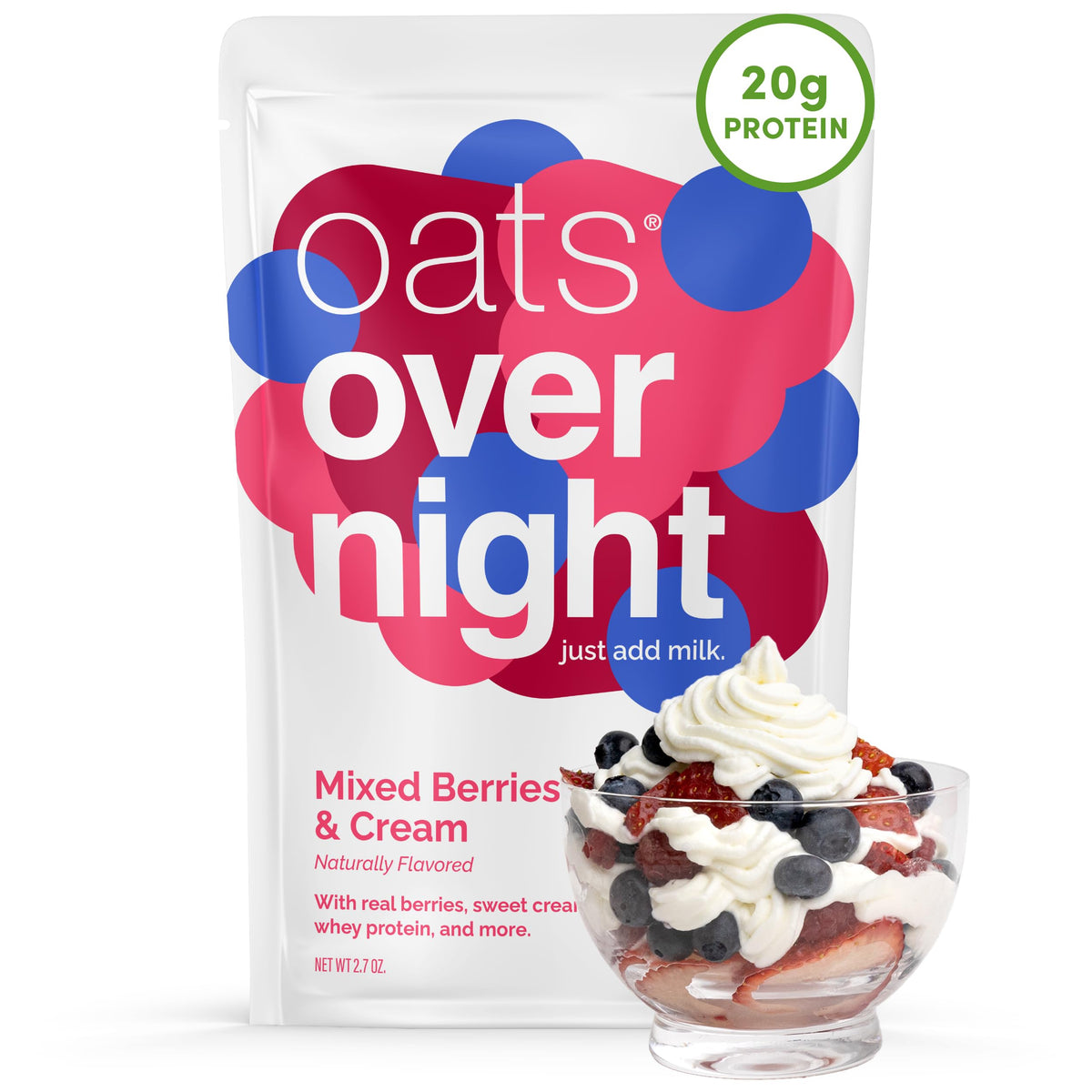 Oats Overnight Mixed Berries & Cream – 20g Protein, High Fiber, Gluten Free Overnight Oats (8 Pack)
