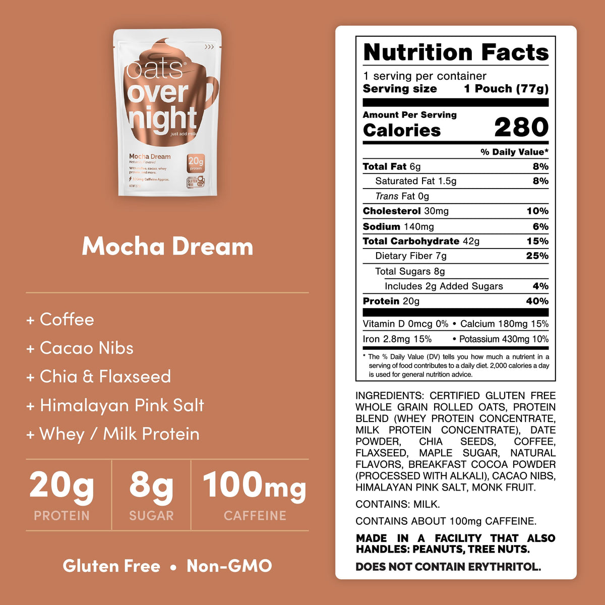 Oats Overnight Mocha Dream – 20g Protein, 6g Fiber, 100mg Caffeine, Gluten Free (8 Pack)