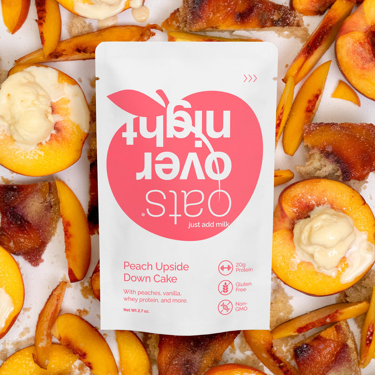 Oats Overnight Peach Upside Down Cake – 20g Protein, High Fiber Oatmeal (Gluten Free, 8 Pack)
