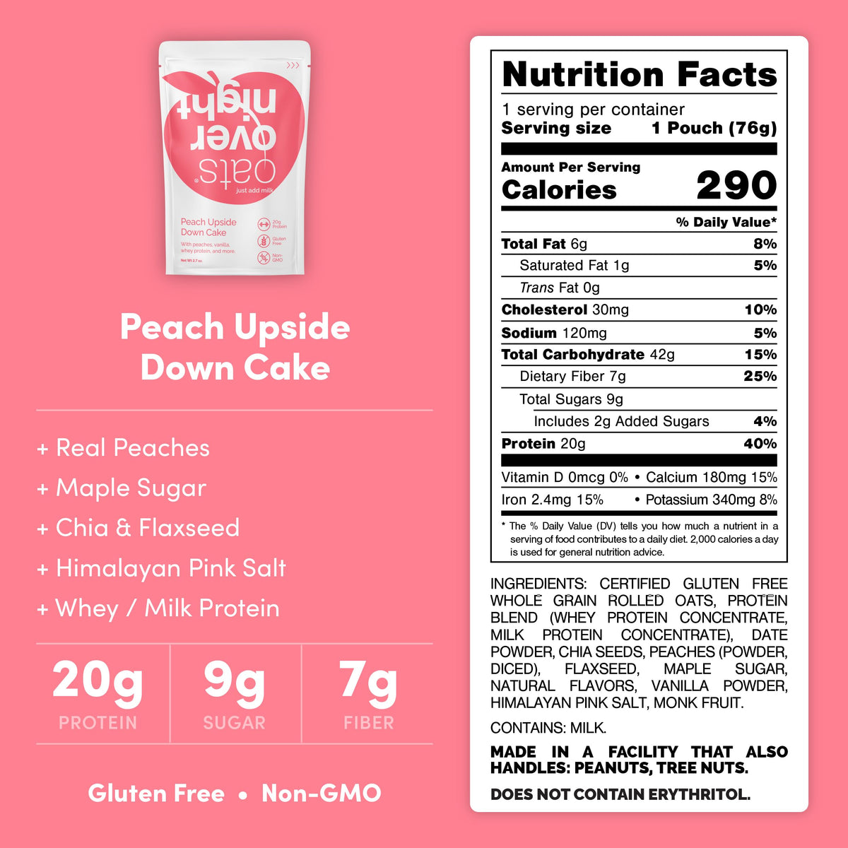 Oats Overnight Peach Upside Down Cake – 20g Protein, High Fiber Oatmeal (Gluten Free, 8 Pack)