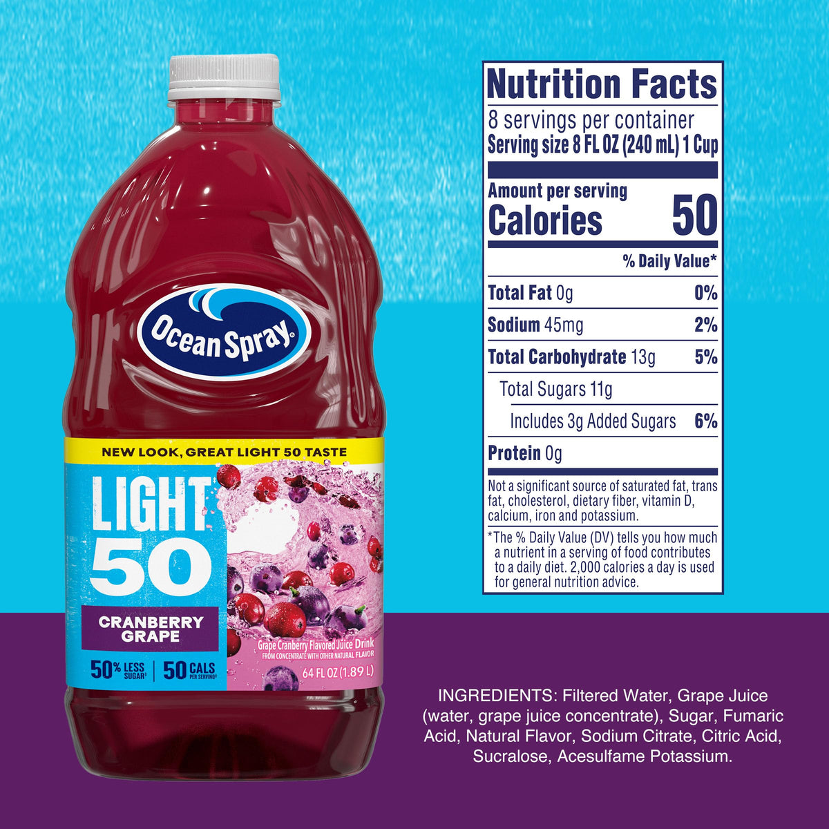 Ocean Spray Cran50 Cranberry Grape Juice Drink – 64 Fl Oz Bottle (Pack of 8)