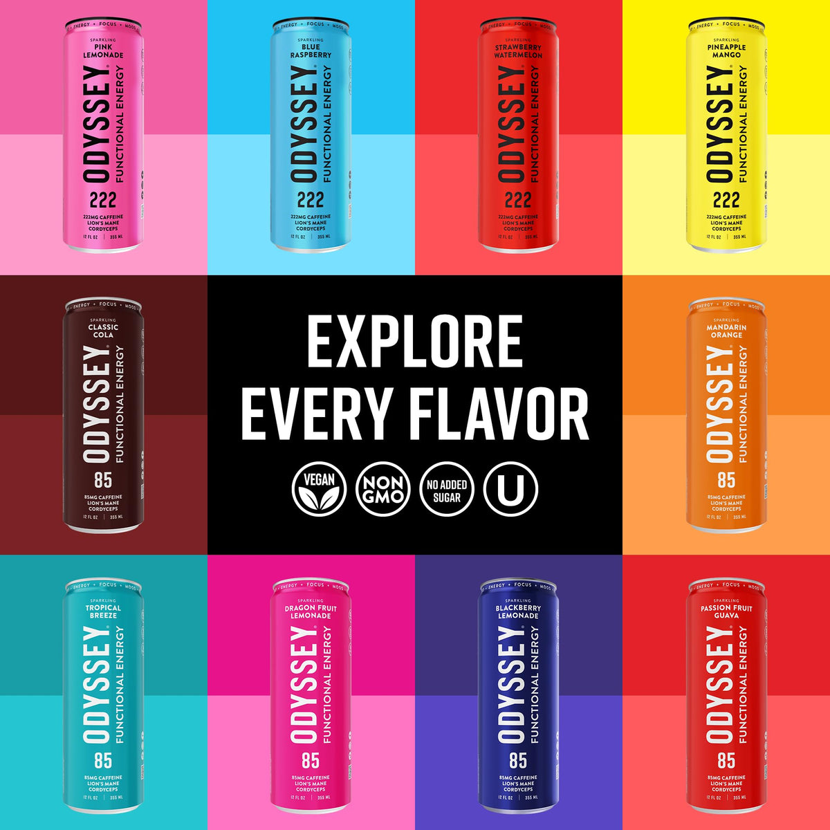 Odyssey Elixir Functional Energy Drink – 222 mg Caffeine for Focus & Mood (12 Pack)