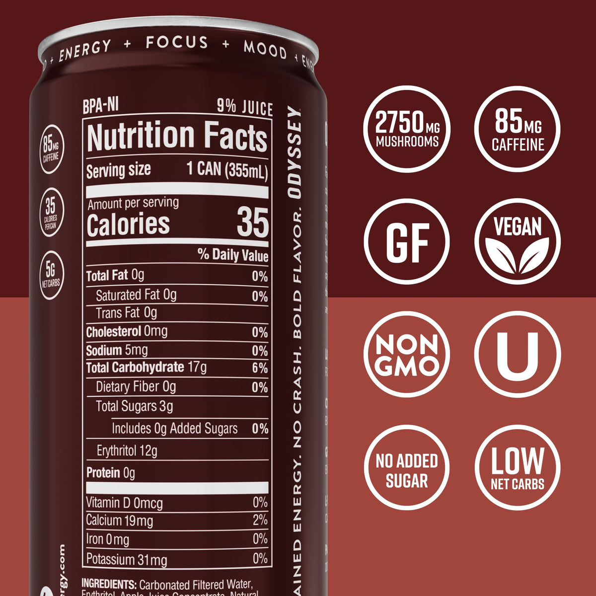 Odyssey Elixir Functional Energy Drink – Focus, Cognition & Mood Support (85mg Caffeine) 12 Pack