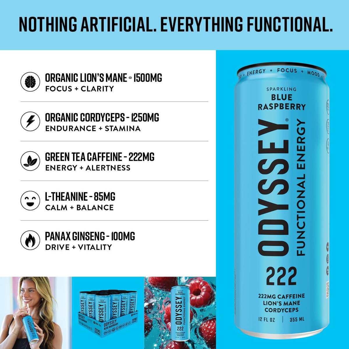 Odyssey Elixir Functional Energy Drink for Focus, Cognition & Mood Support 12 Pack - Sparkling Blue Raspberry