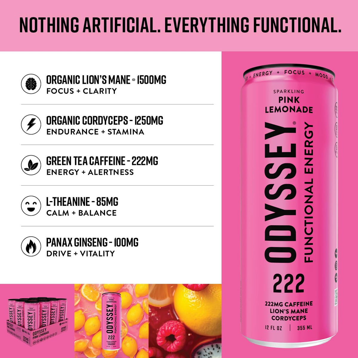 Odyssey Elixir Functional Energy Drink – 222 mg Caffeine for Focus & Mood (12 Pack)