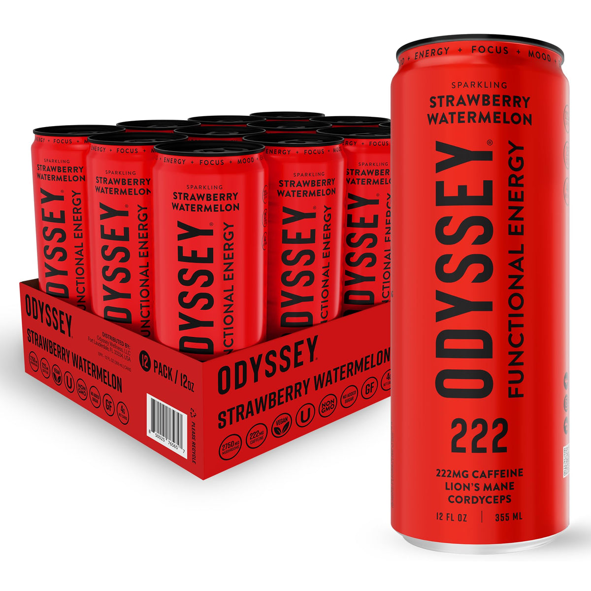 Odyssey Elixir Odyssey 222 – Sparkling Energy Drink with 222 mg Caffeine, Lion’s Mane & Cordyps (Strawberry Watermelon)