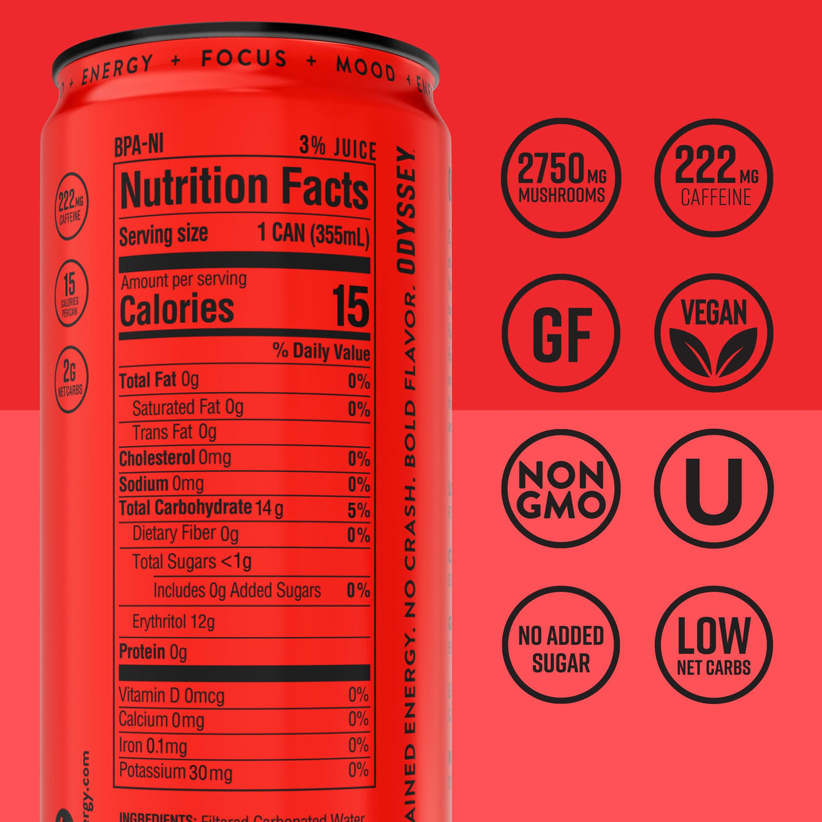 Odyssey Elixir Odyssey 222 – Sparkling Energy Drink with 222 mg Caffeine, Lion’s Mane & Cordyps (Strawberry Watermelon)