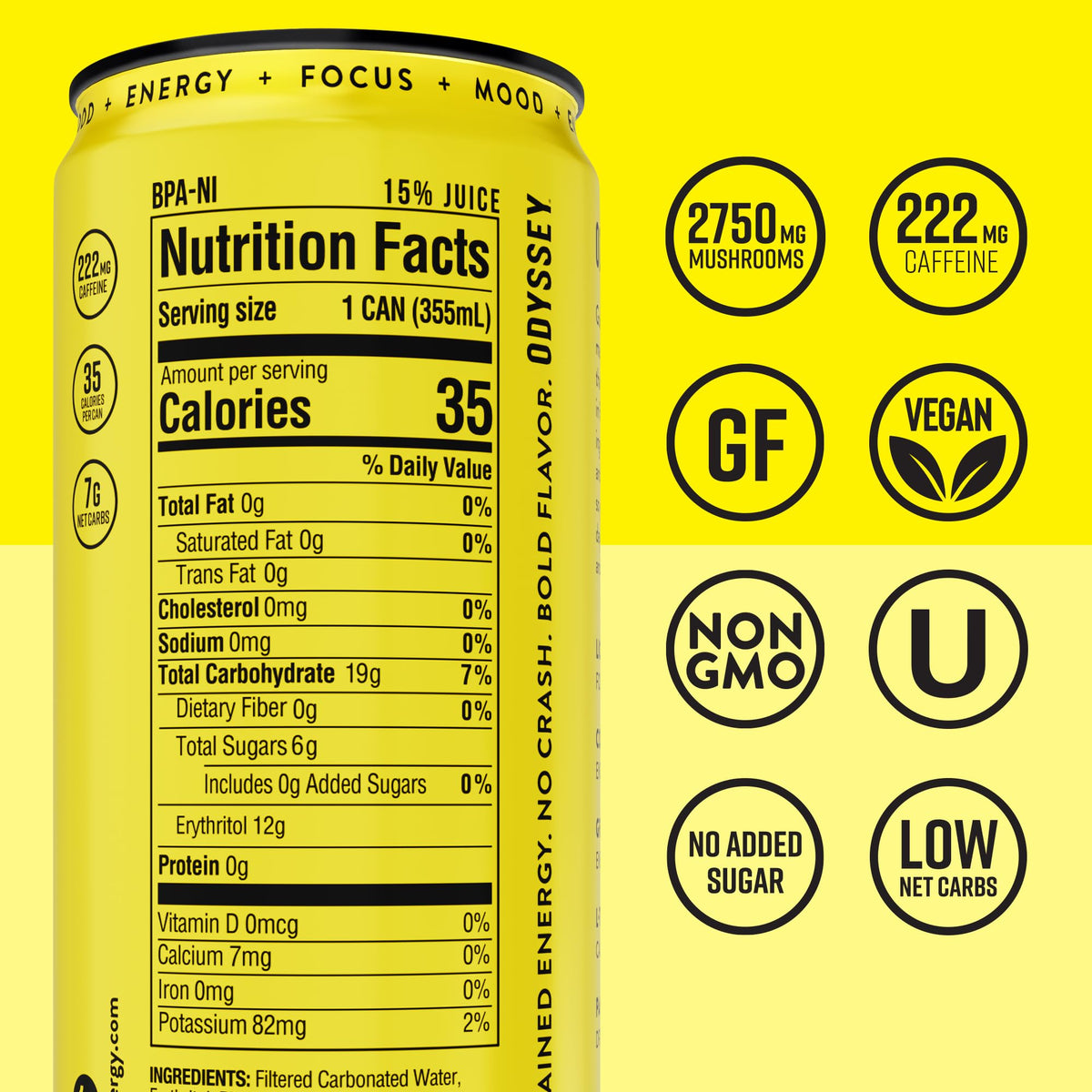 Odyssey Elixir Odyssey 222 – Sparkling Energy Drink with Lion’s Mane & Cordyceps | 222 mg Caffeine | Pineapple Mango